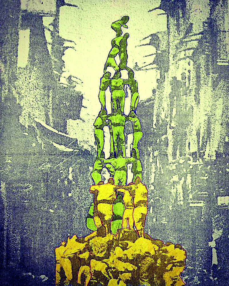 Foto de dos 4 de 9 alhora a Vilafranca al segle XIX que Fèlix Cusiné va interpretar que era el 4 de 10. Amb l'acoloriment de les dues construccions es pot veure clarament que no es tracta d'un castell de 10