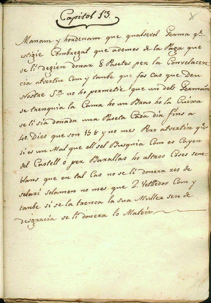 Capítol 13 de les ordinacions d’una germandat assistencial vallenca que preveia què havia de succeir si els seus membres es feien mal fent castells