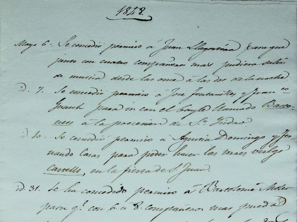 Detall de diverses autoritzacions que va concedir l’Ajuntament de Valls, entre les quals destaca la que va atorgar a Agustín Domingo i Fernando Casas per fer «las torres vulgo castells» per la festa de Sant Joan