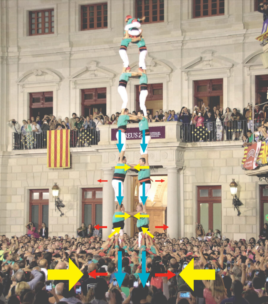 La càrrega que suporten els castellers (sagetes blaves) els comprimeix i, per l’efecte de vinclament i Poisson, provoca que l’estructura tendeixi a eixamplar-se (sagetes vermelles), i encara més com més càrrega tenen. Per compensar-ho i evitar que això faci cedir l’estructura, els castellers s’agafen per les espatlles, l’equip de mans ho contraresta i, a nivell de la pinya, on aquesta tendència a obrir-se és màxima, el pit que donaran els castellers ho impedirà (sagetes grogues)